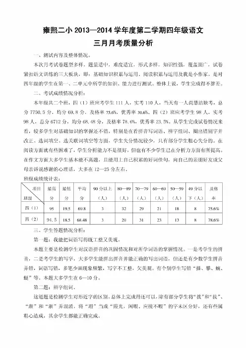 四年级语文三月月考质量分析(年级分析)