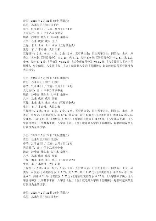 2015年2月21日出生的宝宝生辰八字