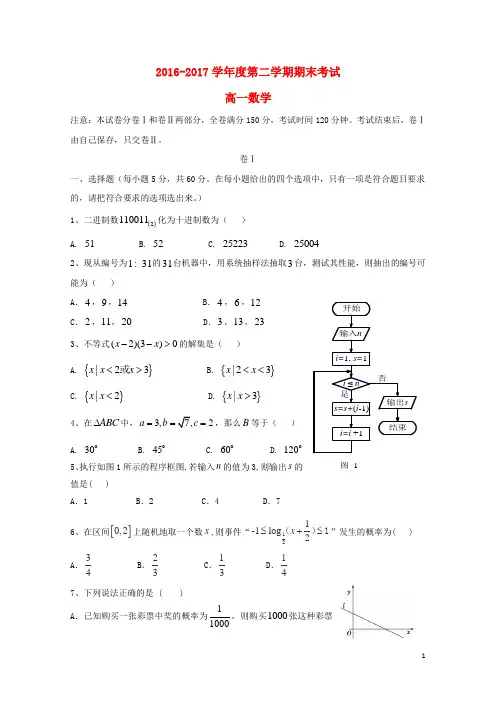 河北省秦皇岛市卢龙县2016_2017学年高一数学下学期期末考试试题201707120379