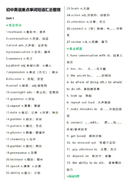 人教版九年级英语全册重点单词与固定短语搭配及必背句型总结整理大全