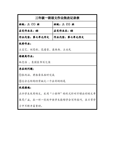 三年级一班语文作业批改记录表