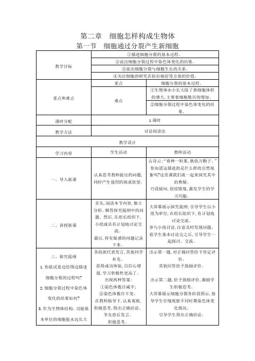 人教版七年级生物上册教案：第二单元-第二章-细胞怎样构成生物体