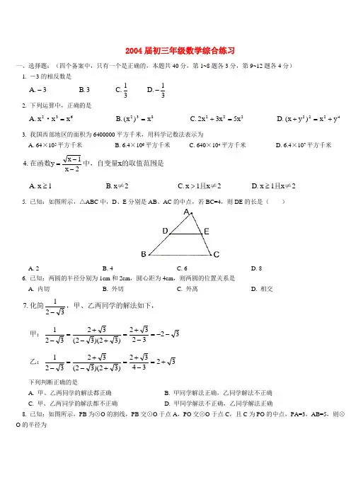 2004届初三年级数学综合练习 人教版
