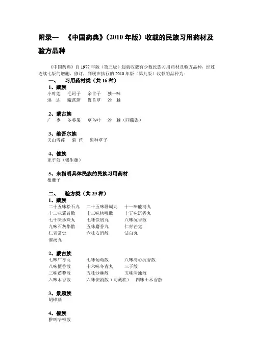 《中国药典》(2010年版)收载的民族习用药材及验方品种
