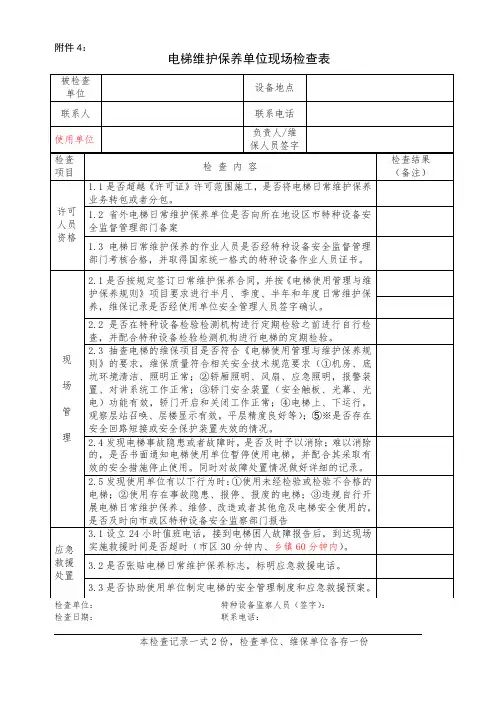 电梯维护保养单位现场检查表(专项检查)