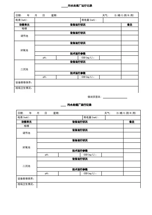 污水处理厂运行记录表