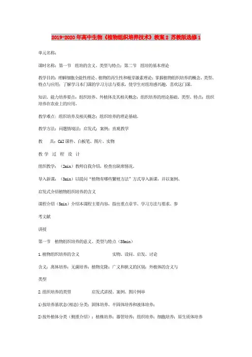 2019-2020年高中生物《植物组织培养技术》教案2 苏教版选修1