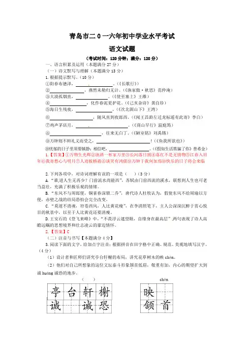 山东省青岛市2016年中考语文试题(word版,含答案)