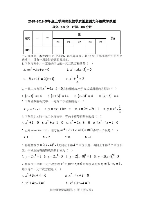 2018-2019学年度上学期阶段教学质量检测九年级数学试题  定稿