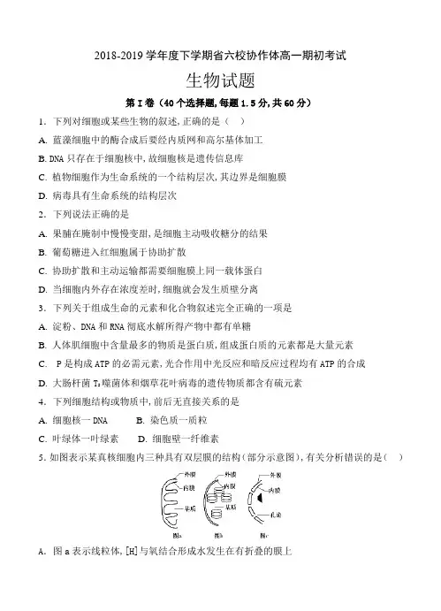 辽宁省六校协作体2018-2019学年高一下学期开学考试生物试卷(含答案)