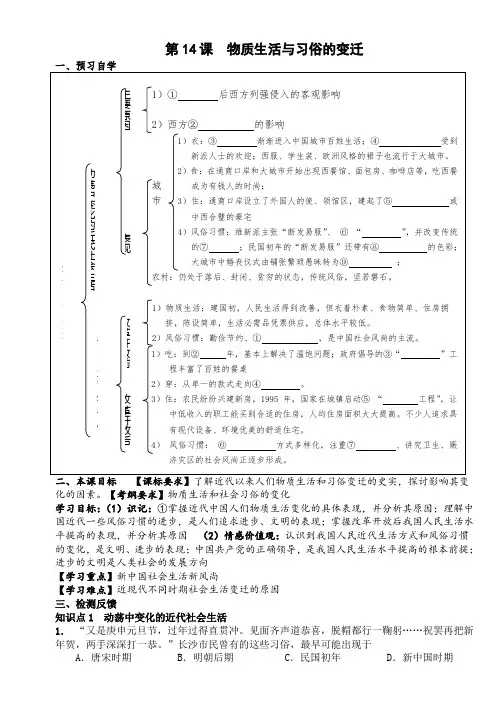 高一历史(人教版)必修2课堂导学案：第14课-物质生活和习俗的变迁