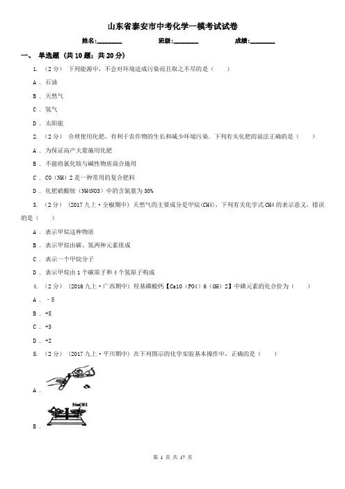 山东省泰安市中考化学一模考试试卷