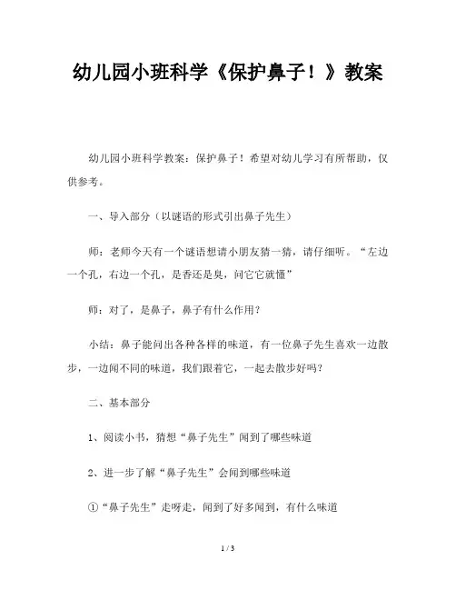 幼儿园小班科学《保护鼻子!》教案