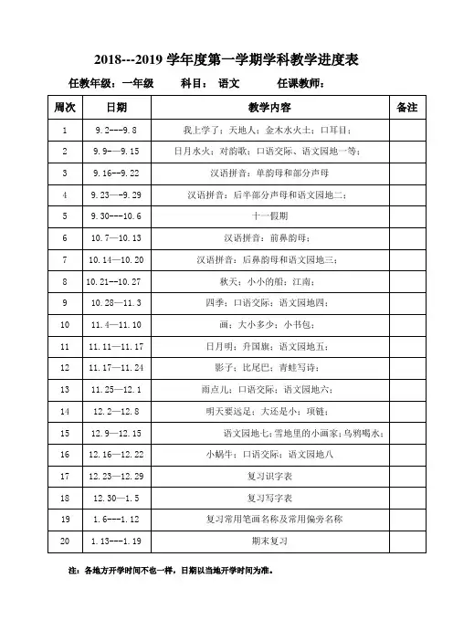 2018年秋季部编版一年级语文上册教学进度表