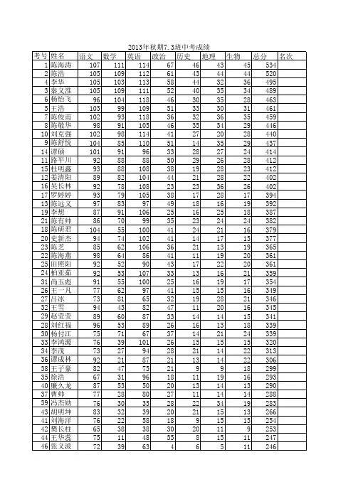2013年秋期七年级中考成绩
