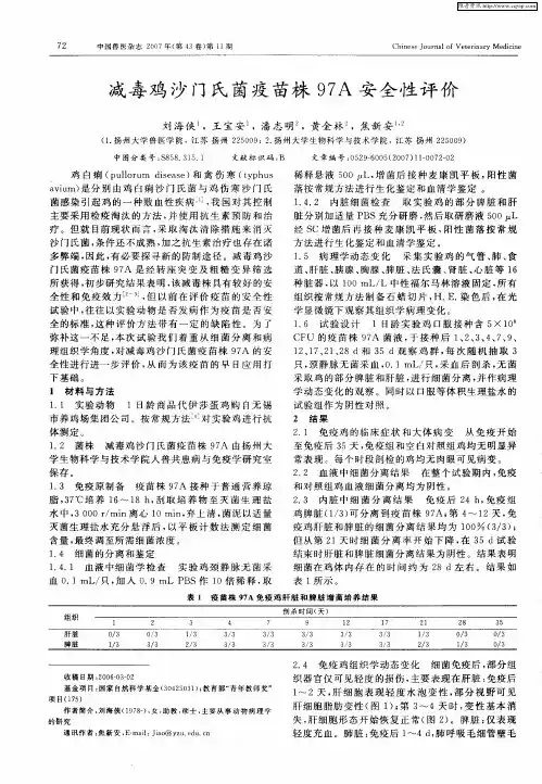 减毒鸡沙门氏菌疫苗株97A安全性评价