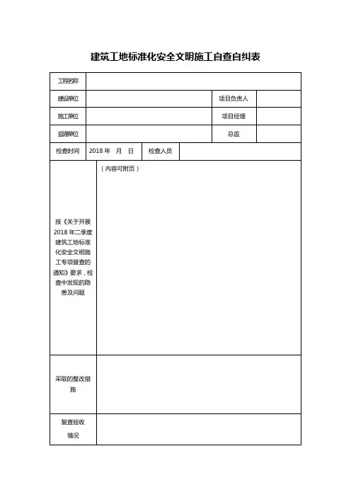 建筑工地标准化安全文明施工自查自纠表