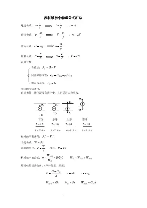 苏科版初中物理公式汇总