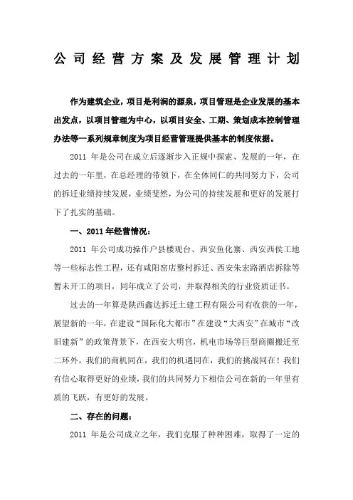 公司经营方案及发展计划