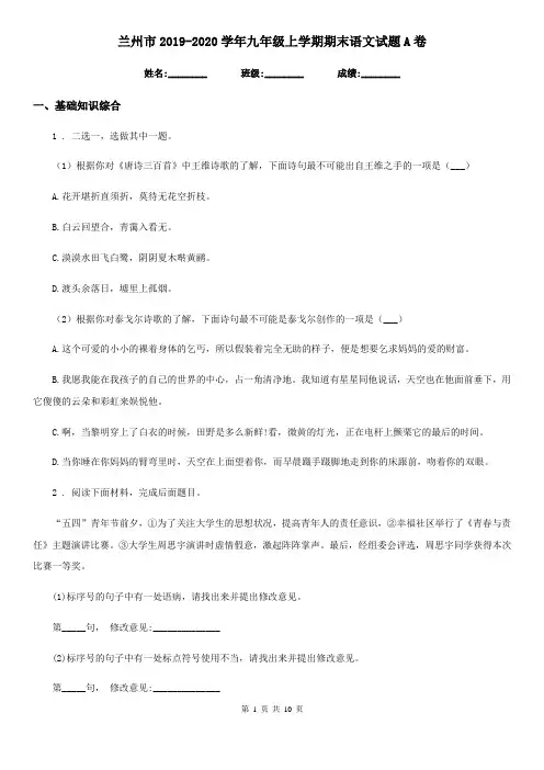 兰州市2019-2020学年九年级上学期期末语文试题A卷