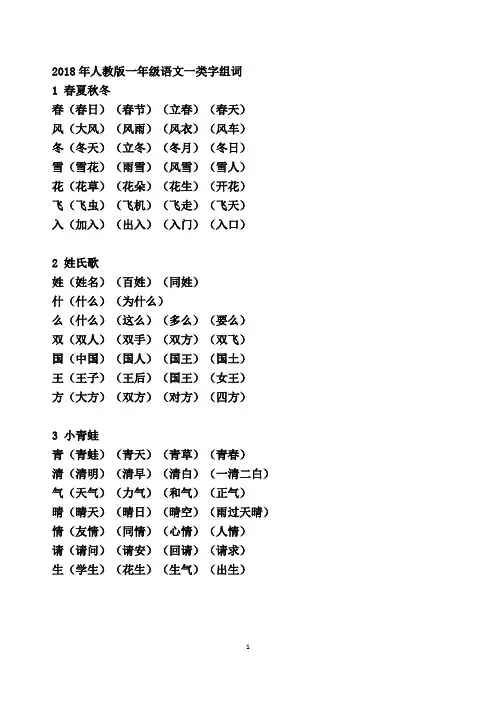 2018人教版小学一年级下册一类字组词