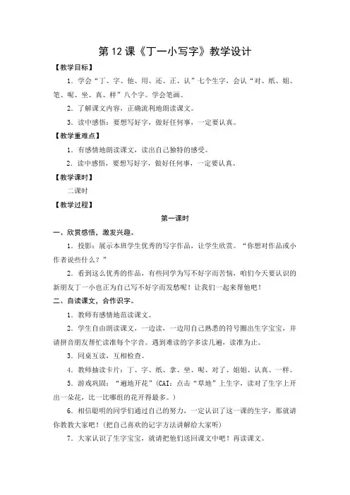 教学设计1：丁一小写字