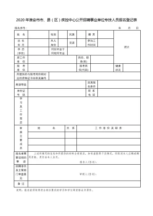 2020年淮安市市、县(区)疾控中心公开招聘事业单位专技人员报名登记表【模板】