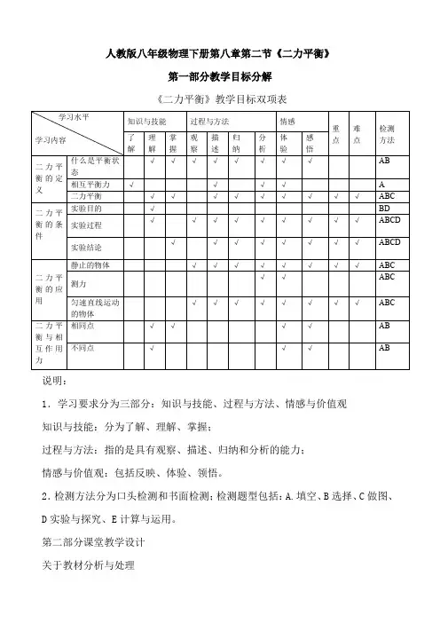 人教版八年级物理下册 第八章第二节二力平衡教案