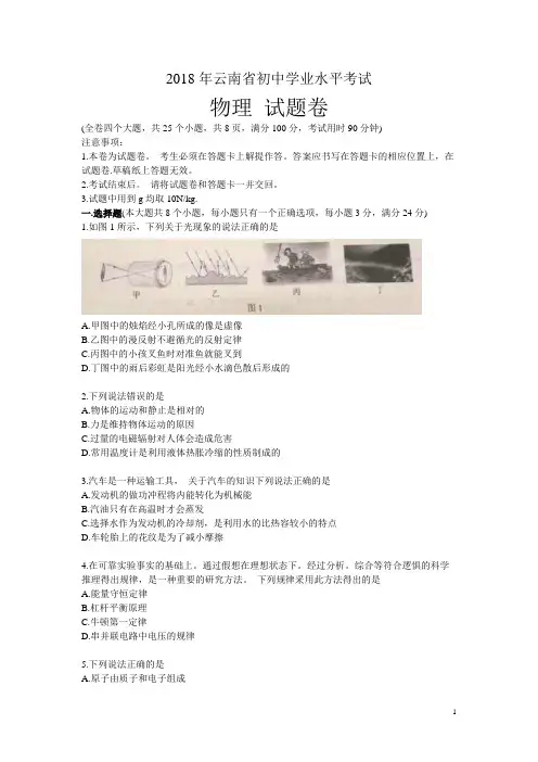 云南省2018年中考物理试卷及答案-物理中考真题[真题卷]