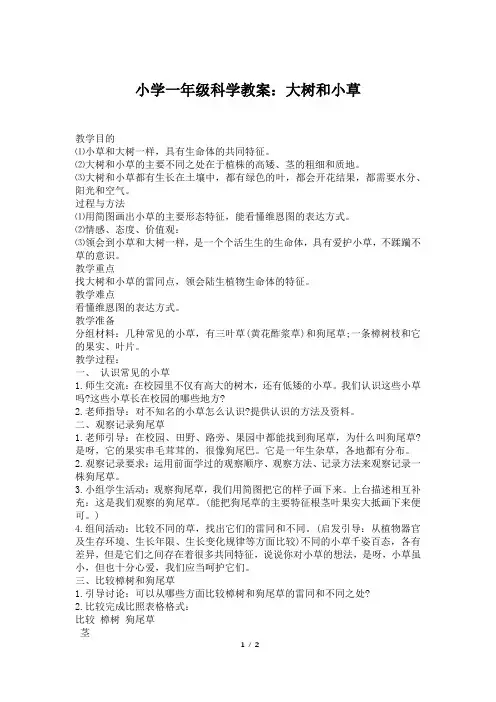 小学一年级科学教案：大树和小草