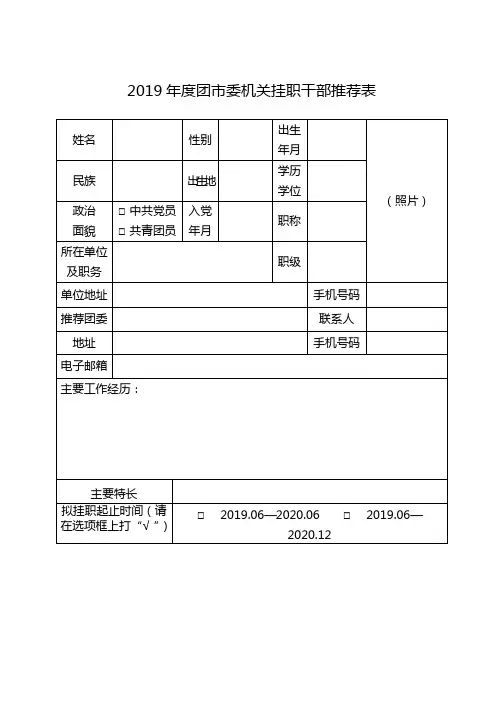 2019年度团市委机关挂职干部推荐表