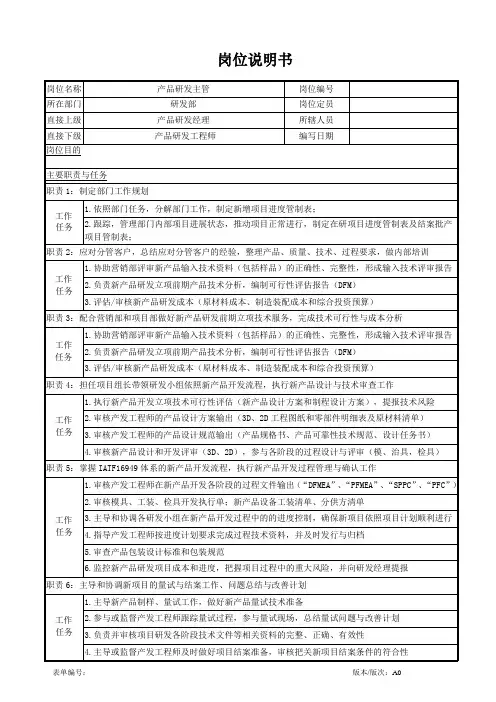 产品研发主管 岗位说明书