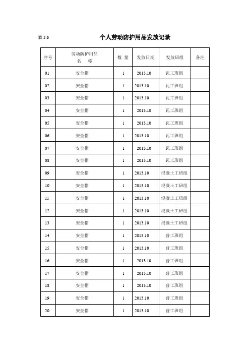个人劳动防护用品发放记录
