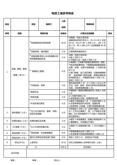 电焊工绩效考核表