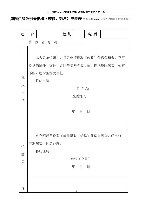 咸阳市住房公积金提取申请表
