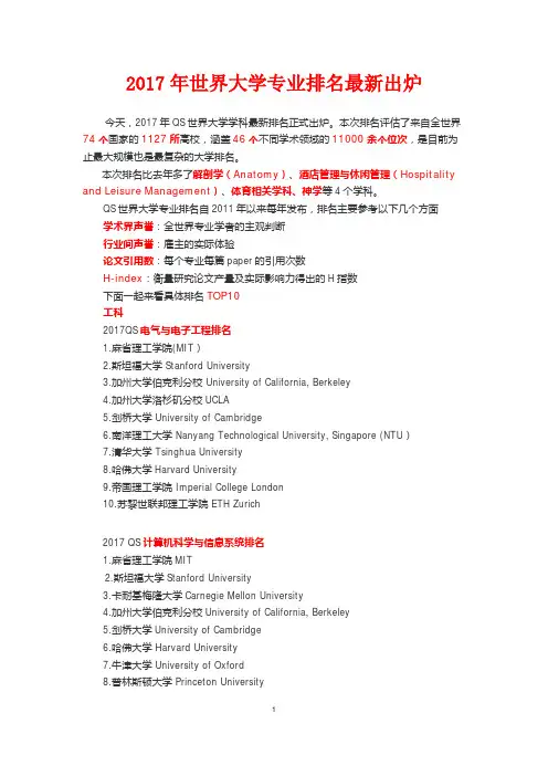 2017年世界大学专业排名最新出炉