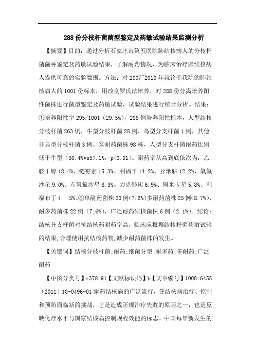 288份分枝杆菌菌型鉴定及药敏试验结果监测分析