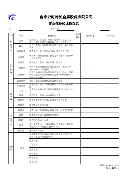 作业准备验证检查表