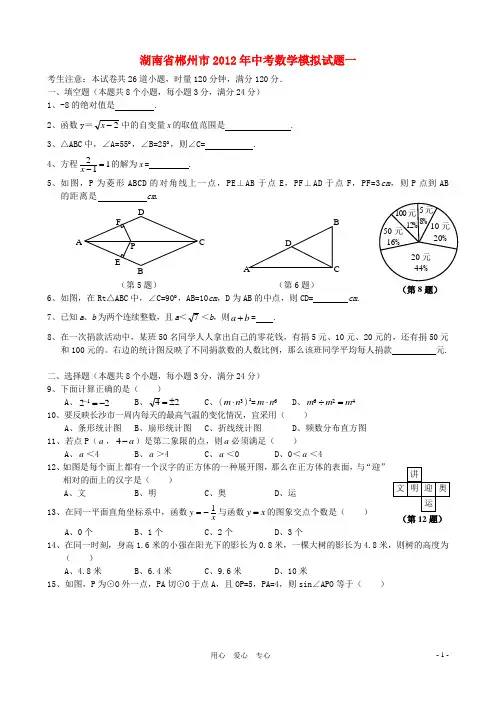 湖南省郴州市2012年中考数学模拟试题 湘教版