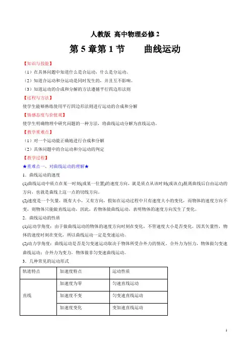 2017-2018学年人教版必修2    曲线运动  第1课时  教案