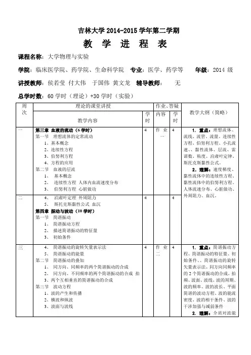 吉大医用物理学五年制教学日历