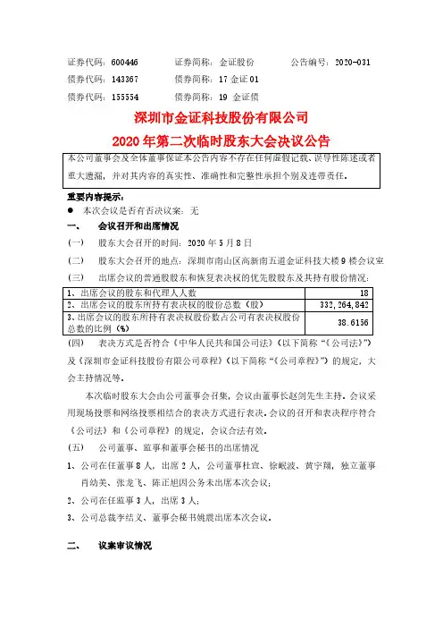 金证股份：2020年第二次临时股东大会决议公告