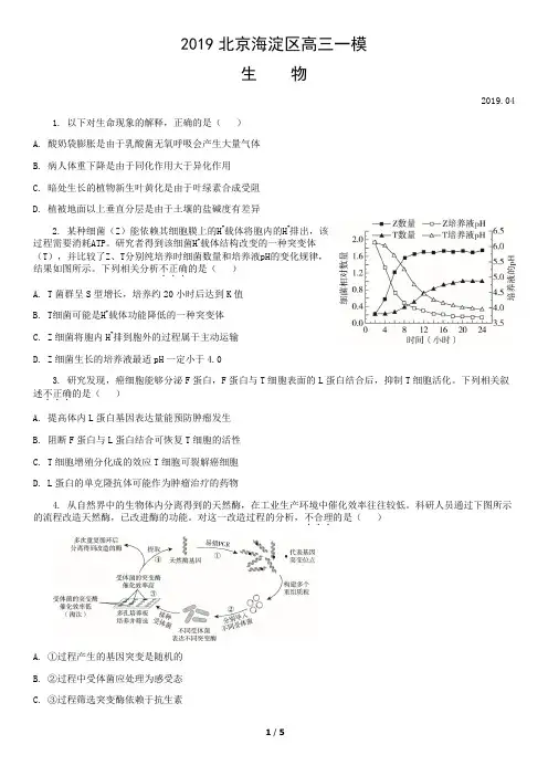 2019年海淀高三一模生物试题及答案