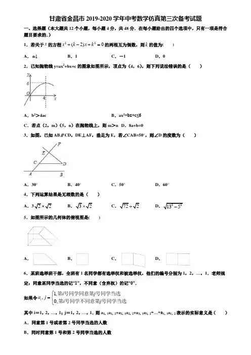 【附5套中考模拟试卷】甘肃省金昌市2019-2020学年中考数学仿真第三次备考试题含解析