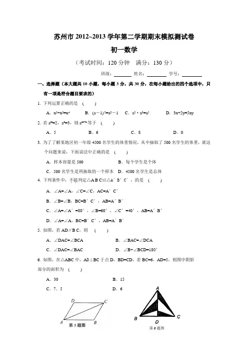苏州市2012-2013学年第二学期期末模拟试卷初一数学