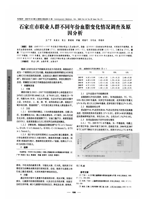 石家庄市职业人群不同年份血脂变化情况调查及原因分析