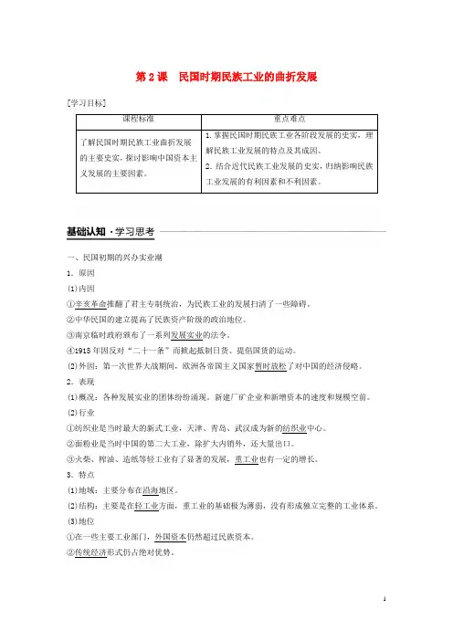 【重点资料】2019高中历史 专题二第2课 民国时期民族工业的曲折发展学案 人民版必修2