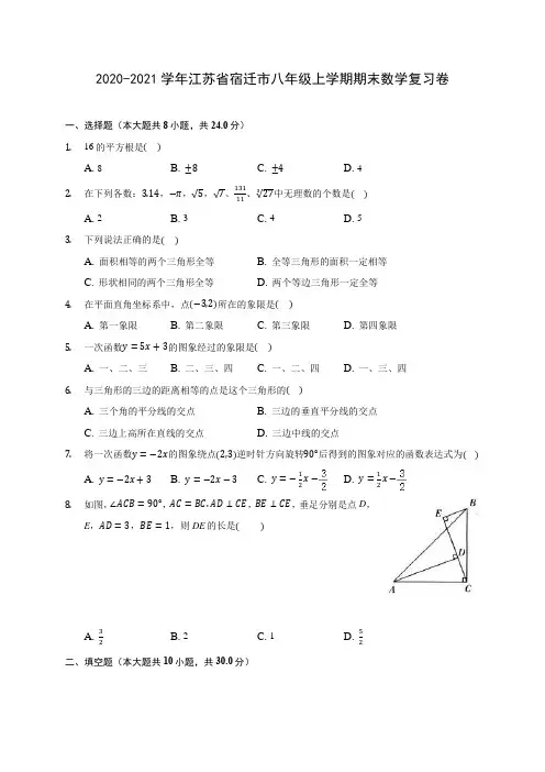 2020-2021学年江苏省宿迁市八年级上学期期末数学复习卷 (含答案解析)