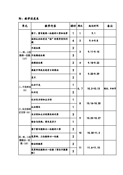 苏教版三年级数学上册教学进度表