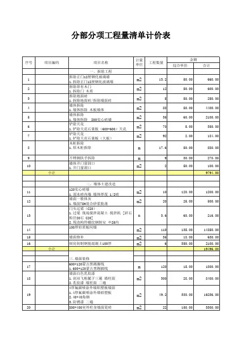 楼拆除清单报价表